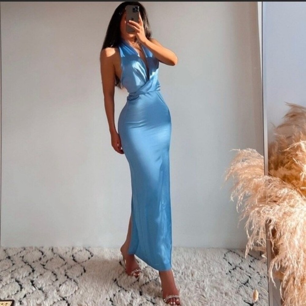 ZARA Bloggers favorite Halter blue Midi Dress Size XL - Picture 8 of 13